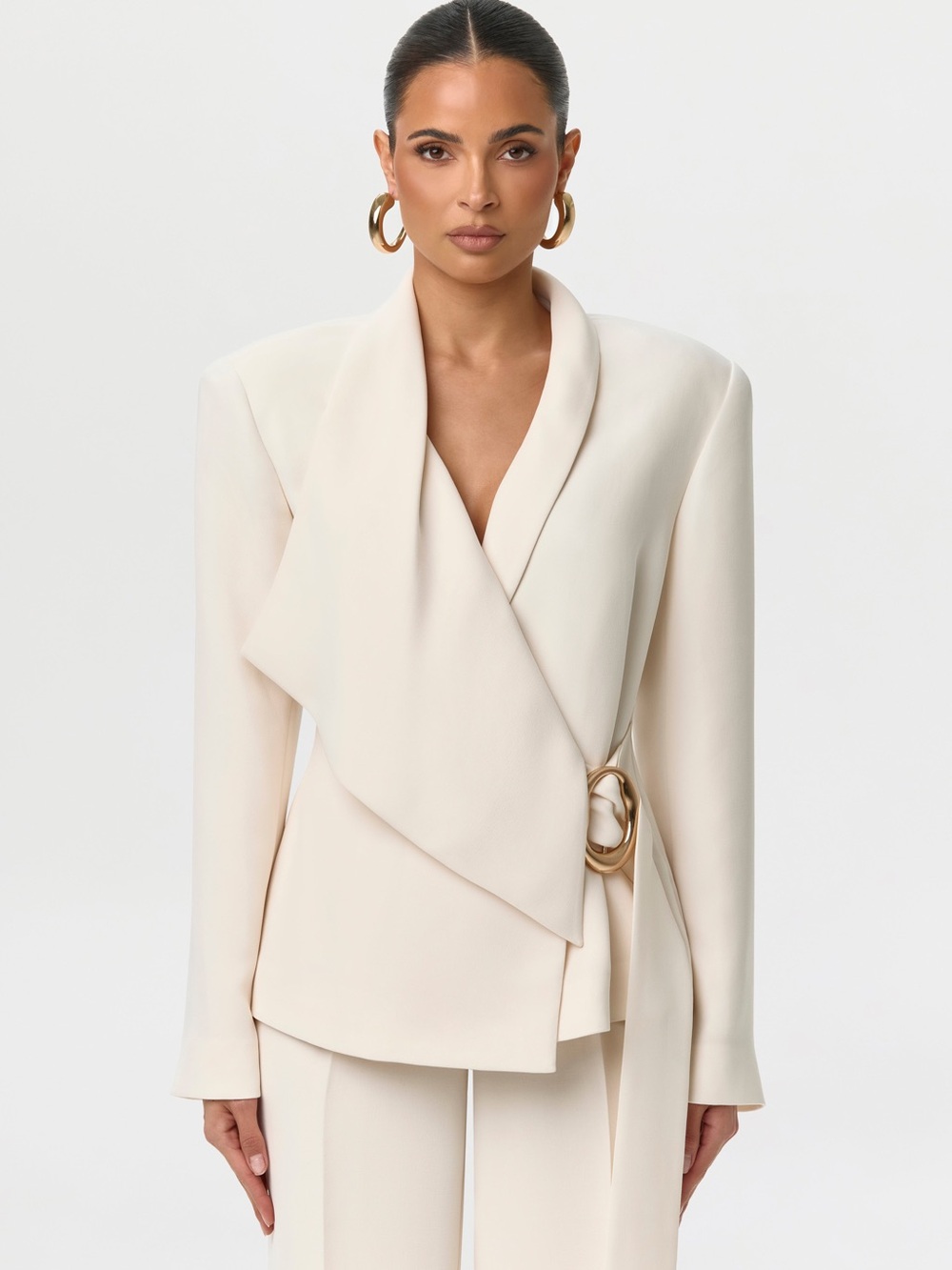 NWT Flawed Naked Wardrobe Cream Wrap Blazer with Gold Buckle & Shoulder Pads
